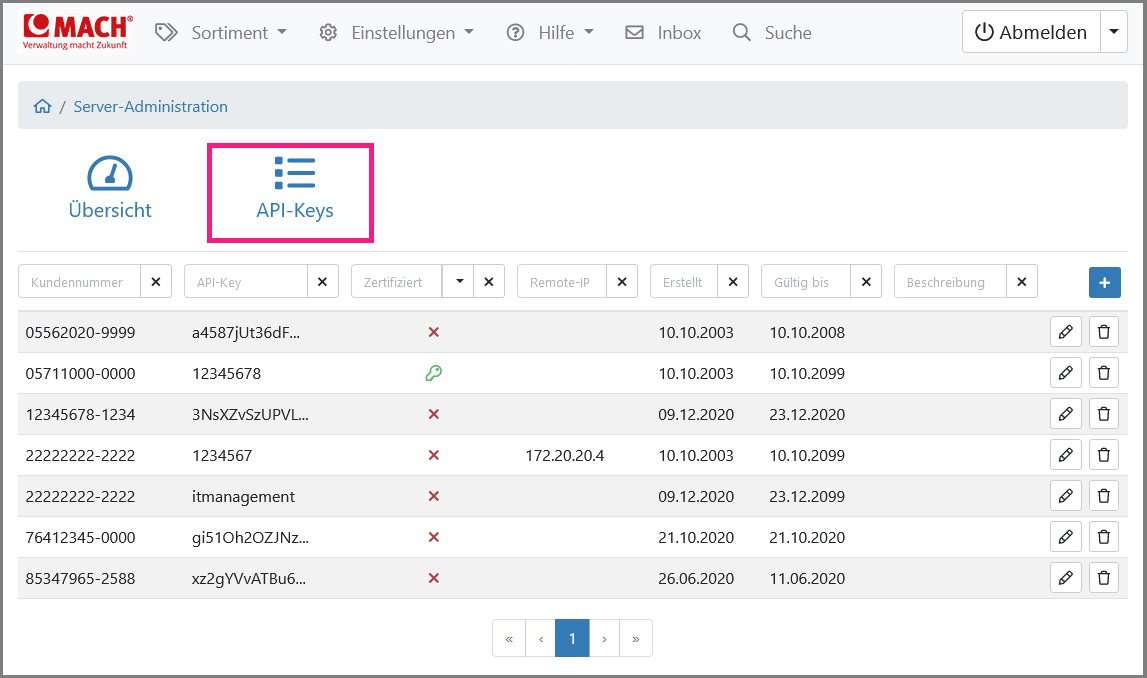 Ansicht der „API-Key-Übersicht“