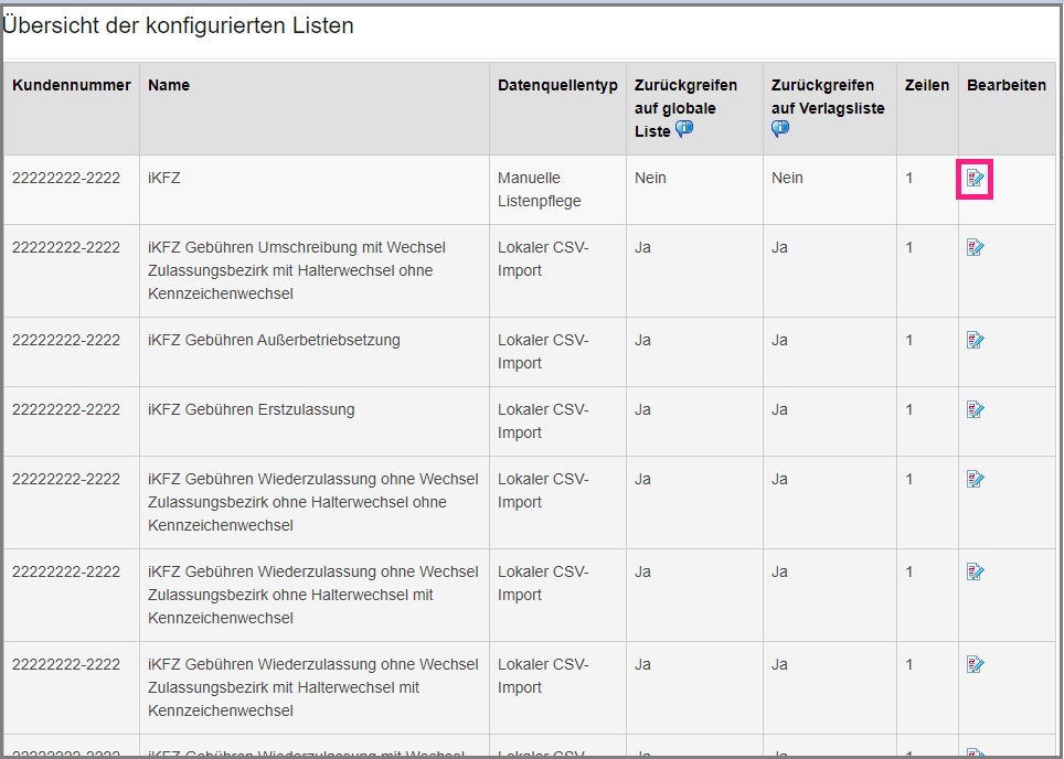 iKfz Liste bearbeiten