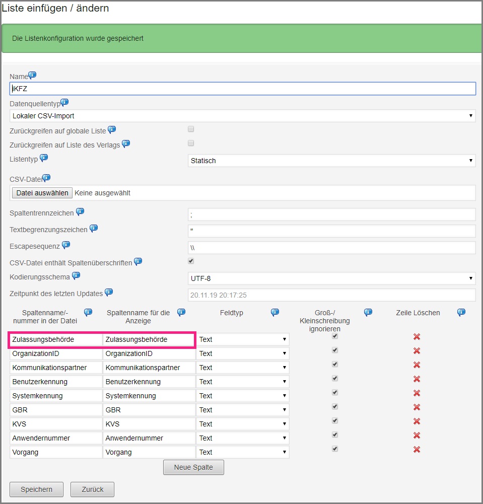 iKfz Liste hochgeladen UTF8