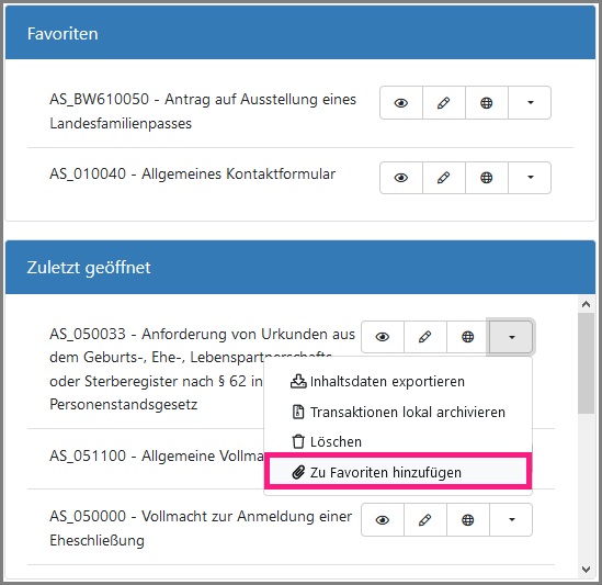 Rubrik „Favoriten“ auf der Startseite