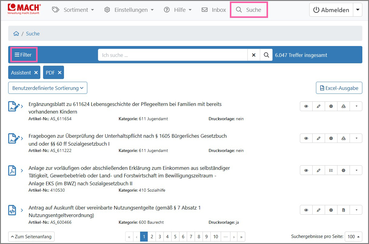 Ansicht der detaillierten Suche