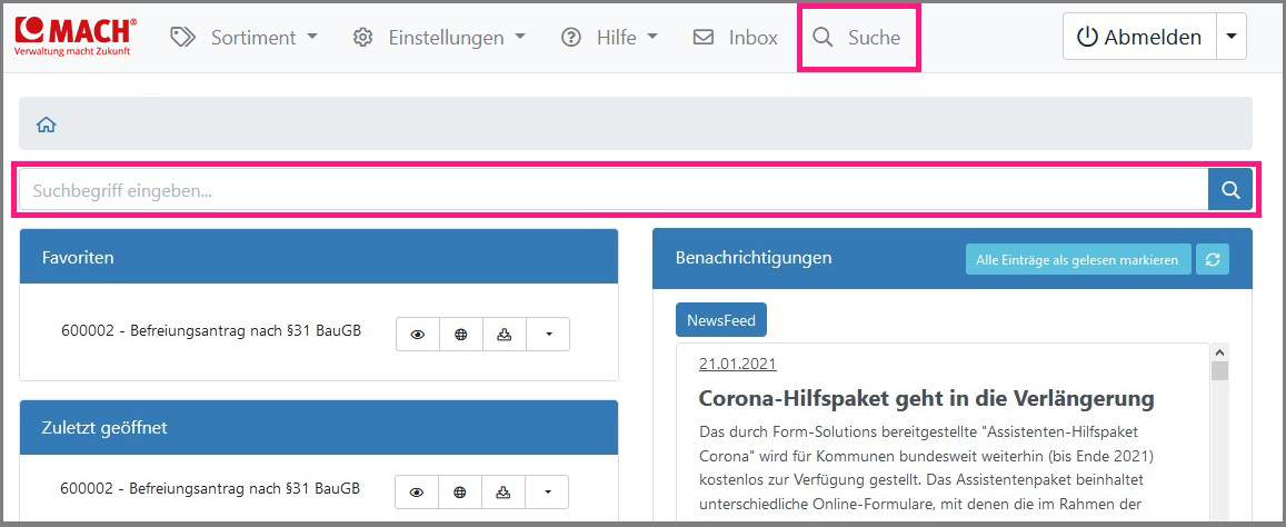 Ansicht der Suche über die Hauptnavigationsleiste und über das Dashboard