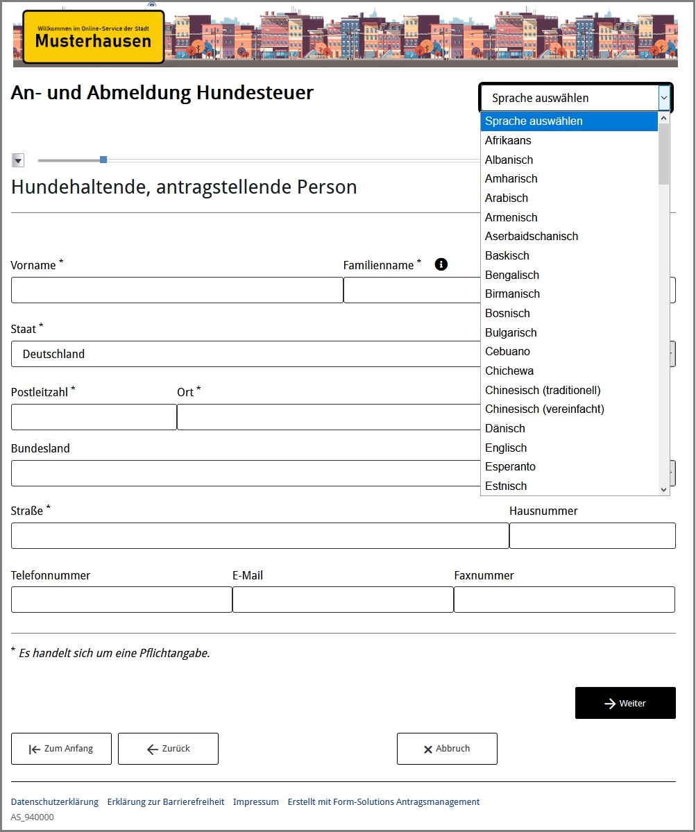 Schaltfläche der Übersetzungsautomatik/Sprachen im Ausfüllprozess