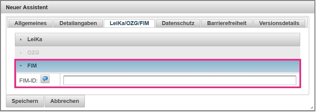 Ansicht FIM Eingabe in den Assistenteneigenschaften