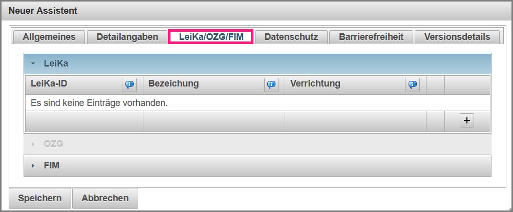 Ansicht des Reiters LeiKa/OZG/FIM