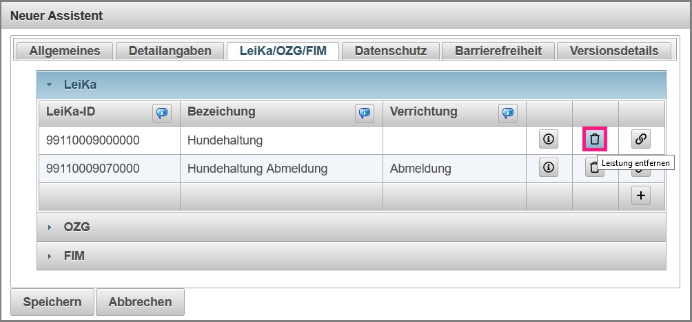 Leistungen löschen