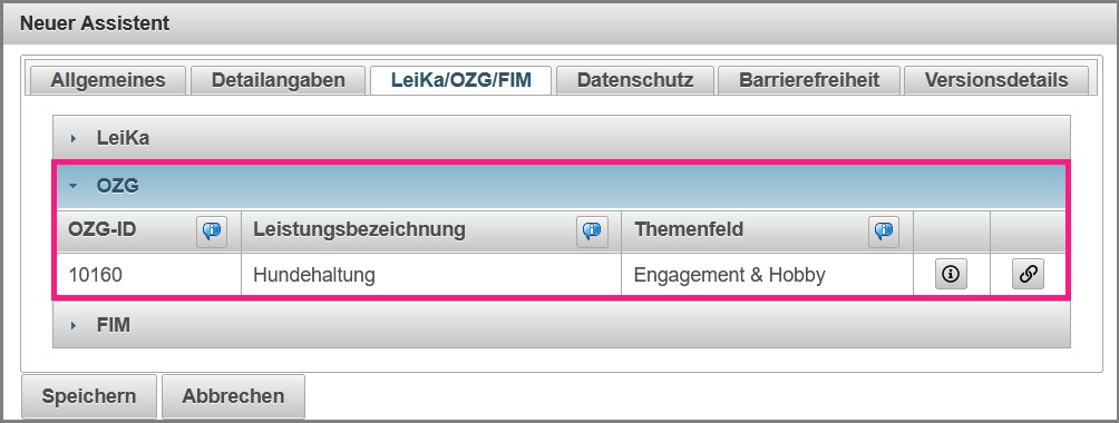 Ansicht OZG Reiter in den Assistenteneigenschaften