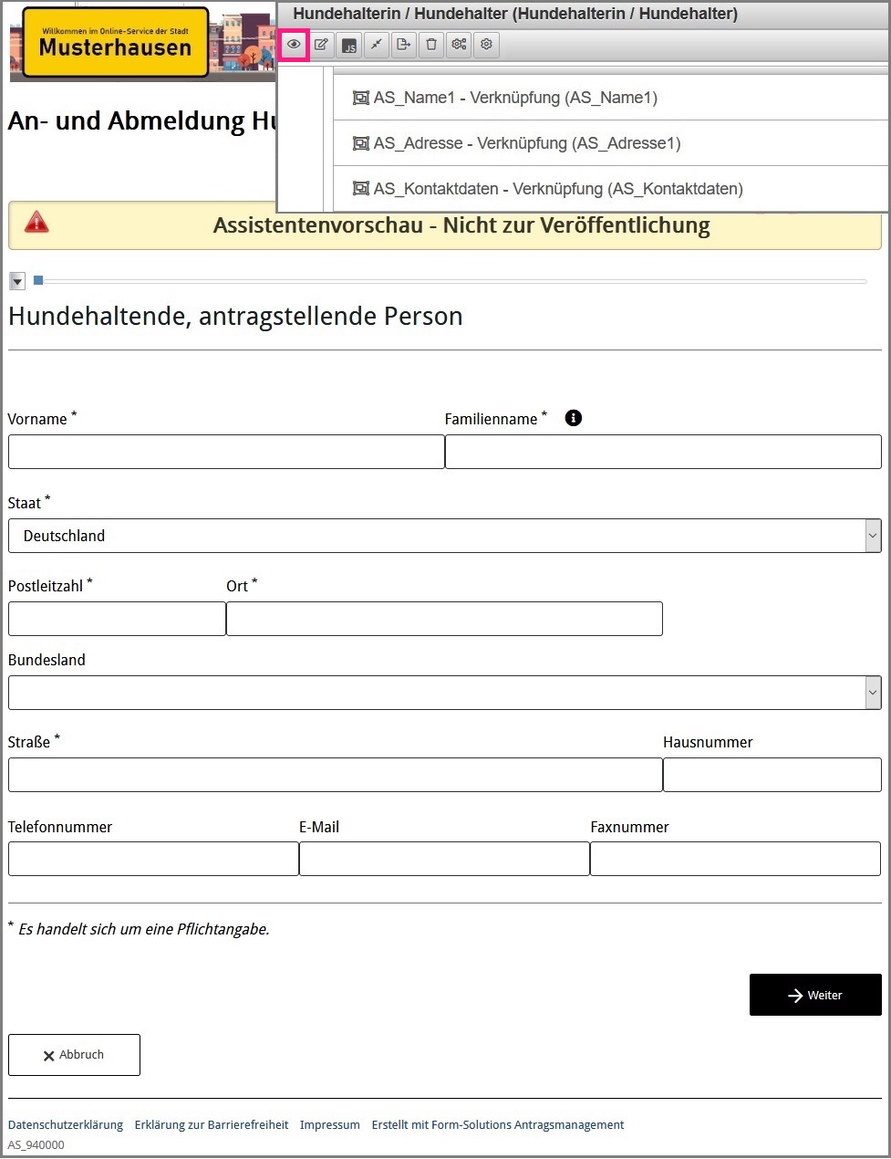 Schaltfläche sowie die eigentliche Panelvorschau