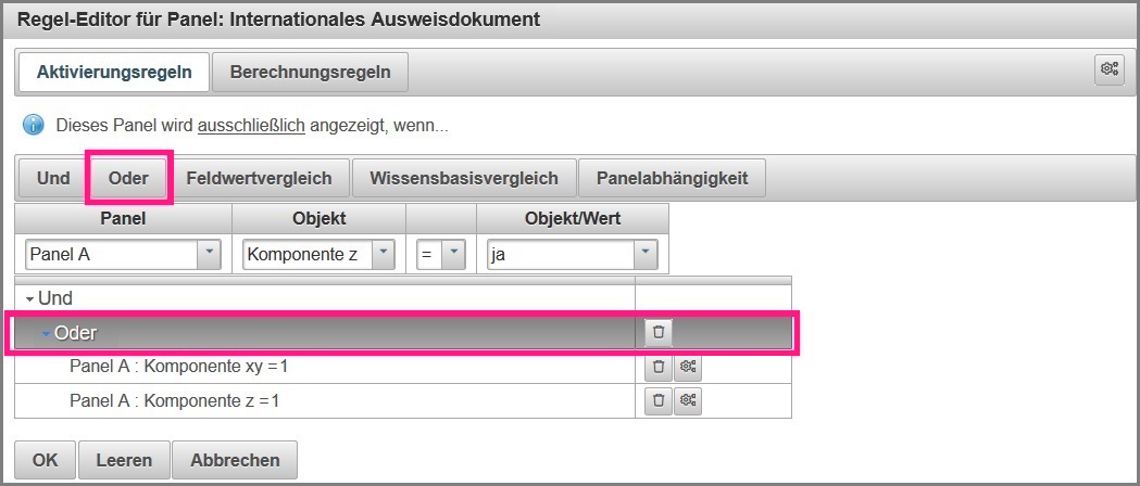 Regel Editor mit einem Oder