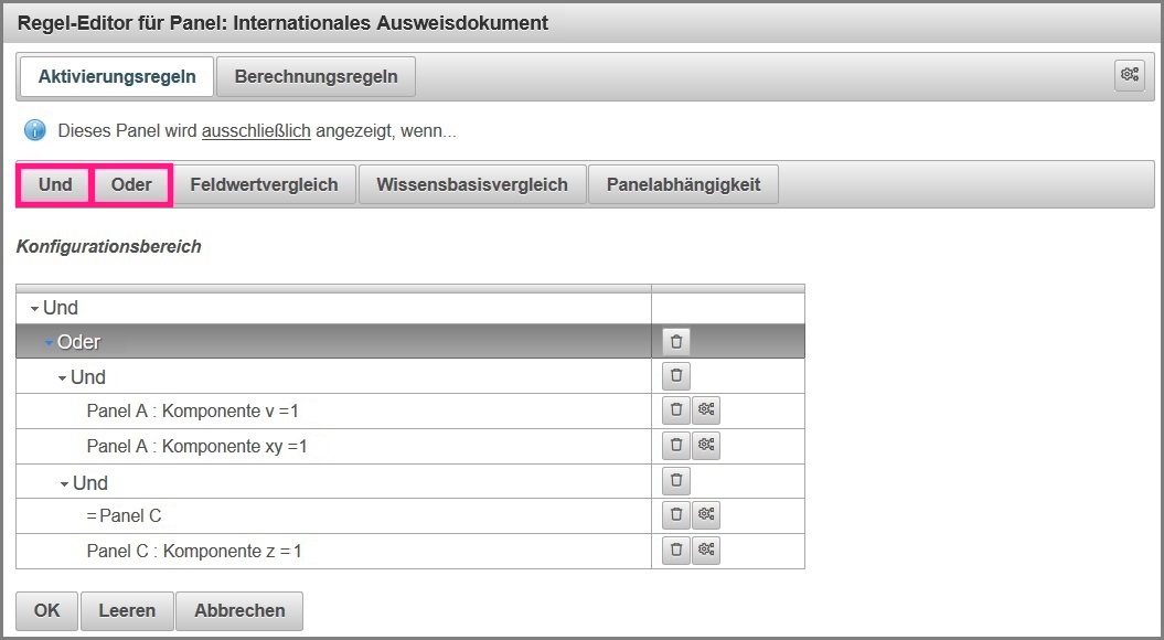 Regel Editor mit einer Oder Und Verknüpfung