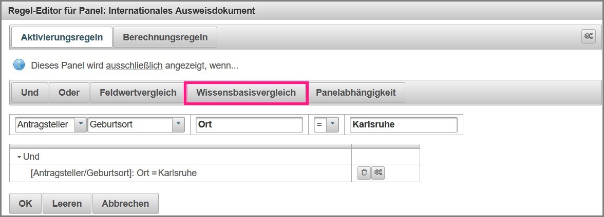 Regel Editor mit einem Wissensbasisvergleich