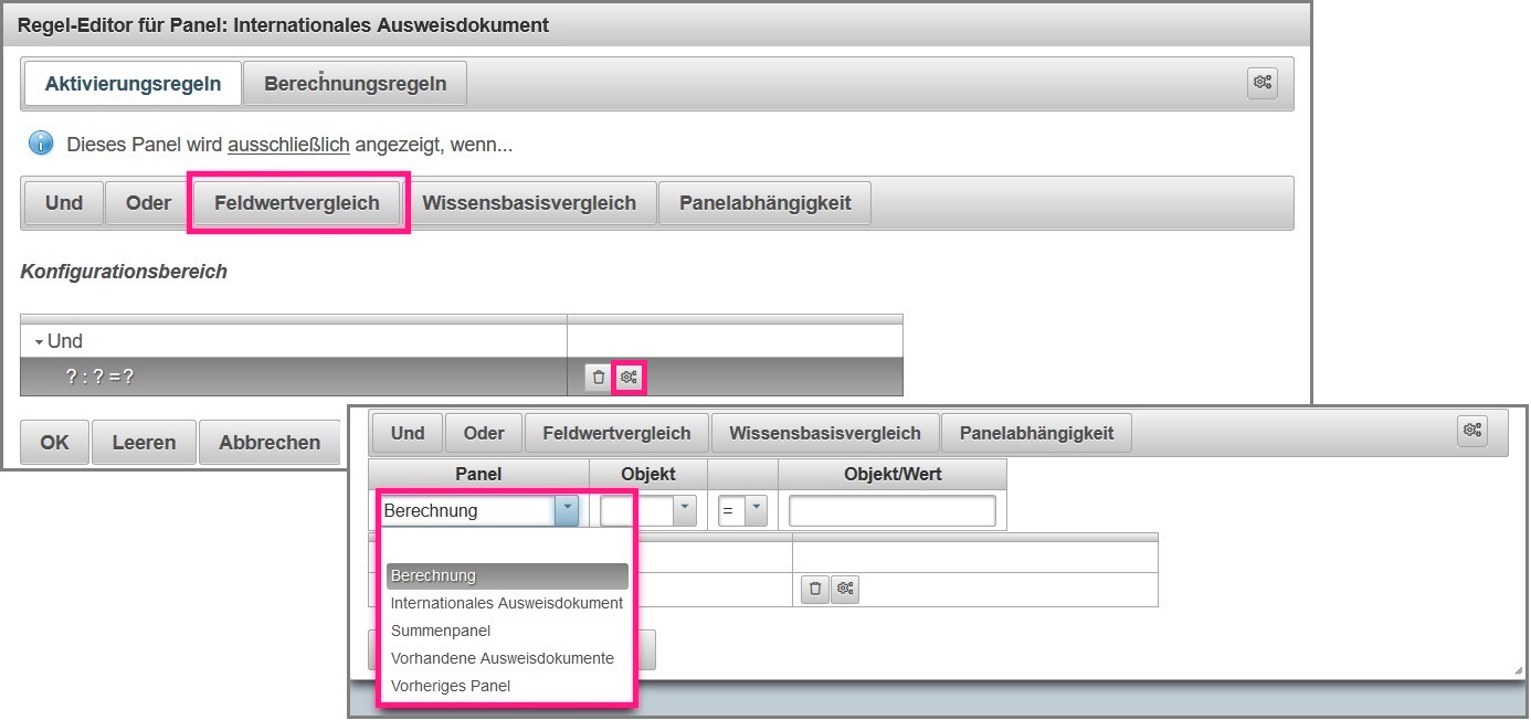 Regel Editor Panel mit dem Konfigurationsbereich