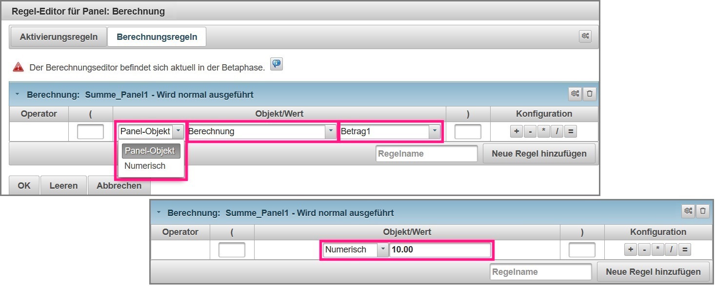 Konfigurationsbereich Objekt und Wert