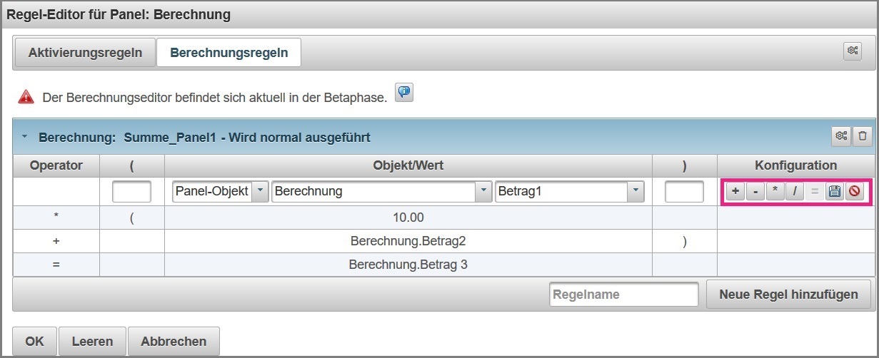 Bearbeitungsbereich bestehender Berechnungszeile