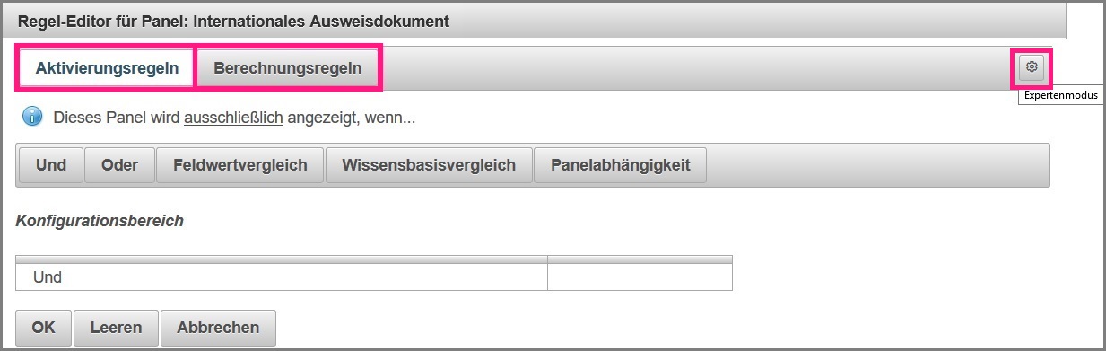 Regel Editor mit den Regelbereichen