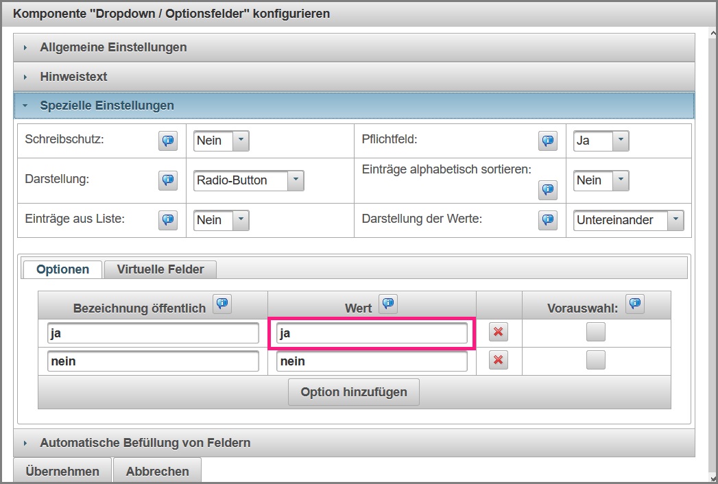 Exportwert in der Komponentenkonfiguration