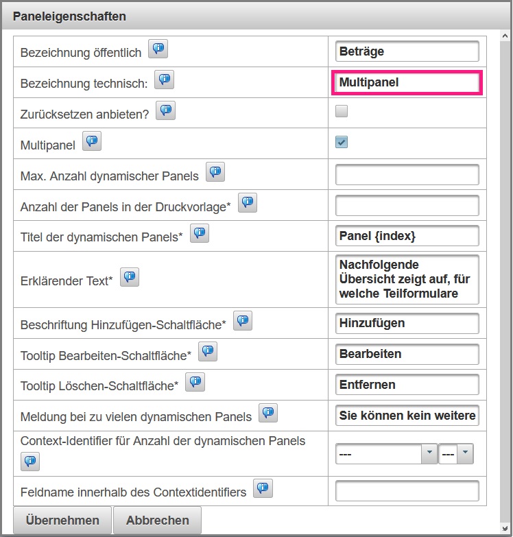 Panelname in der Multipanelkonfiguration