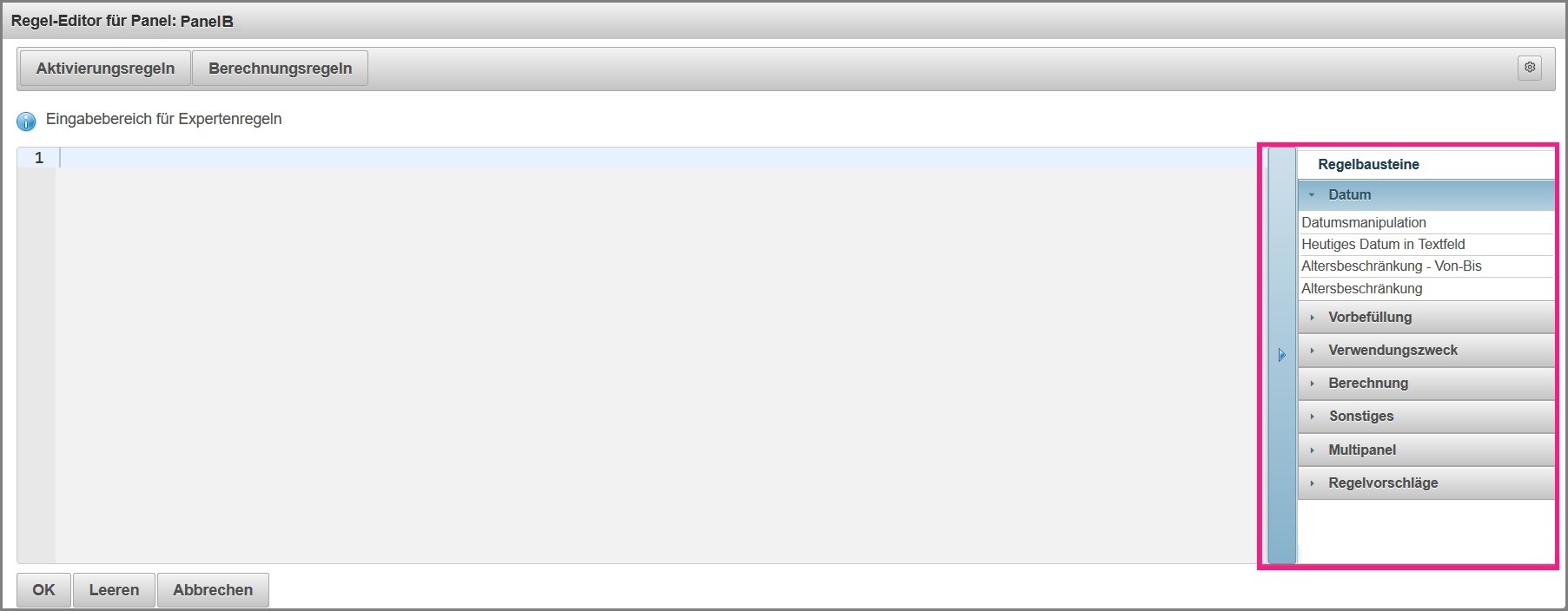 Ansicht der Sidebar der Regelvorlagen im Expertenmodus