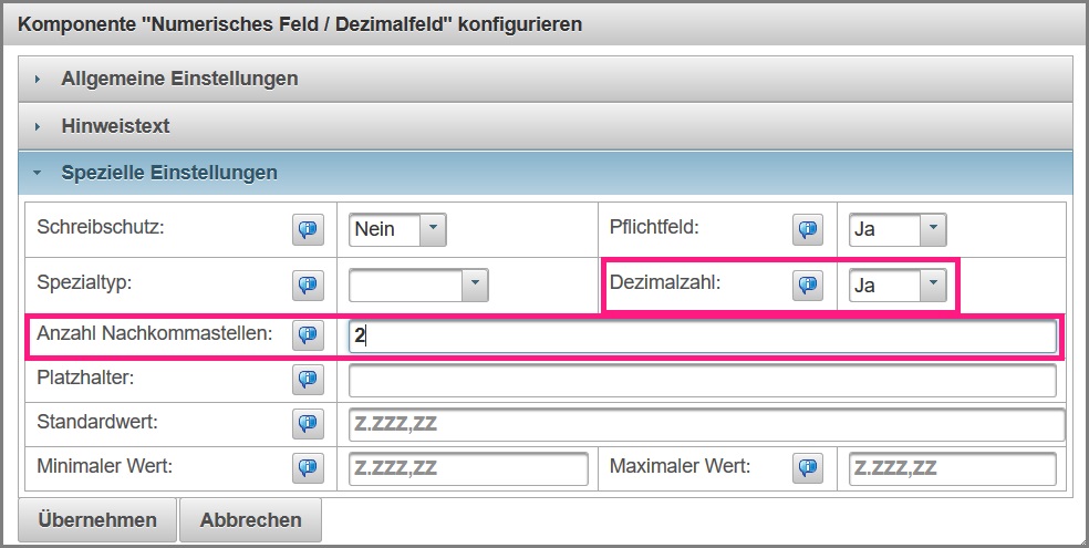 Dezimalzahl in der Komponentenkonfiguration