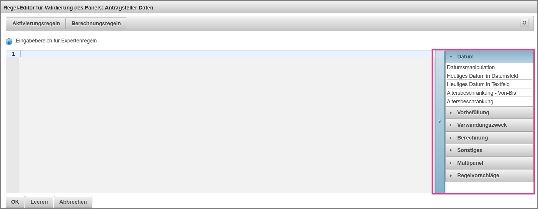 Ansicht der Sidebar der Regelvorlagen im Expertenmodus