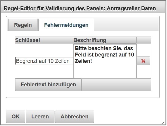 Ansicht der Eingabe von Fehlermeldungen