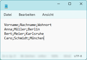 CSV-Datei geöffnet im Texteditor