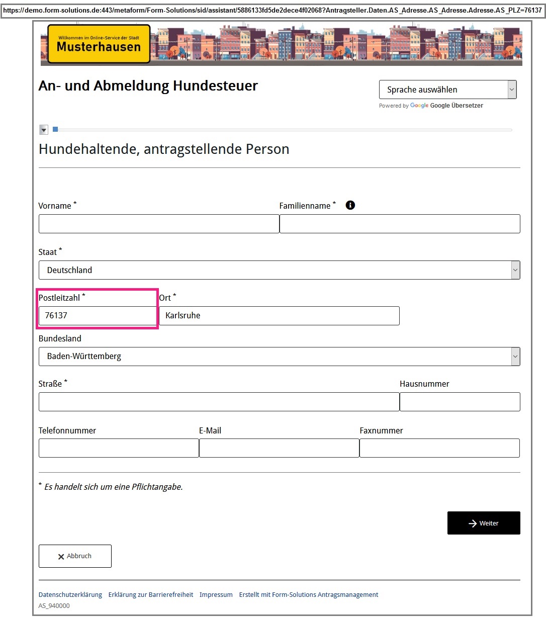 Ansicht der Vorbefüllung im Assistenten