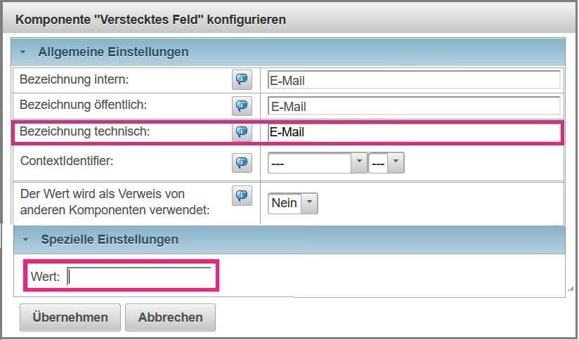 Ansicht der Änderung des Objektnamen der E-Mail-Adresse