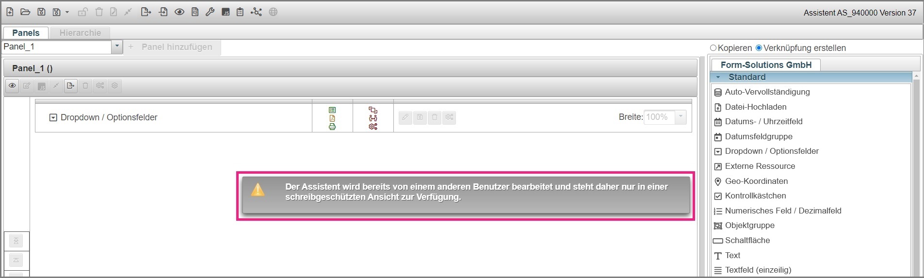 Sperrung eines derzeit in Bearbeitung befindlichen Assistenten