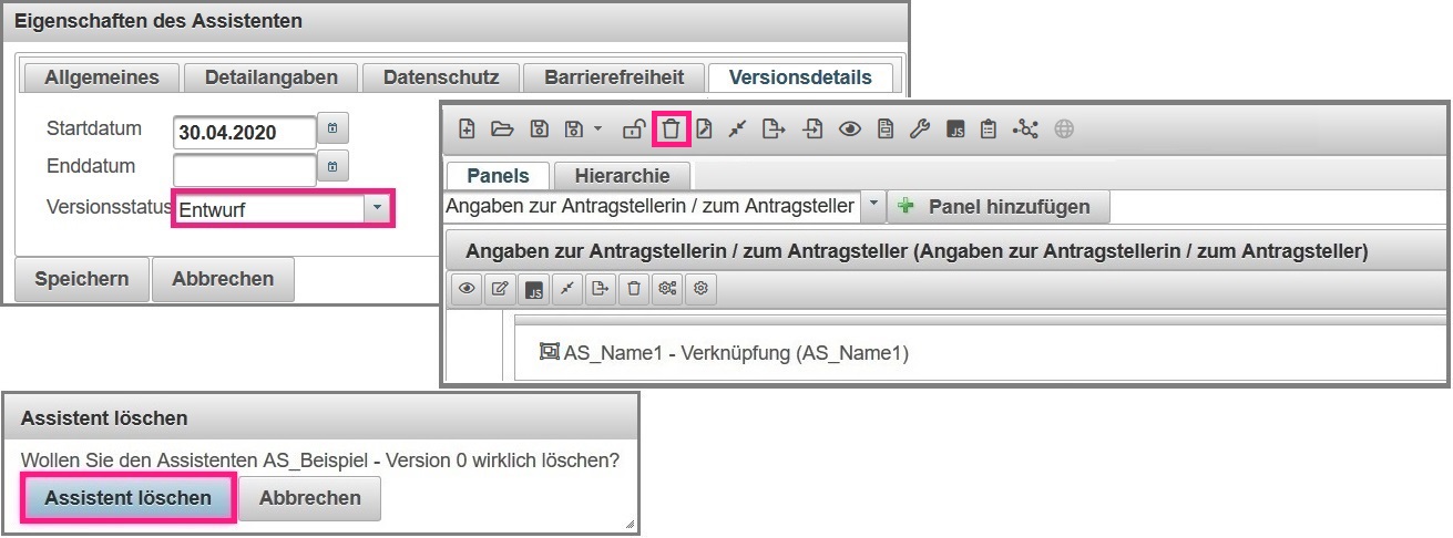 Löschvorgang eines Assistenten, der sich im Status Entwurf befindet