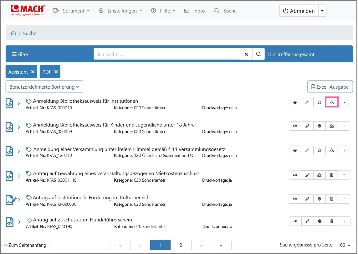 Ansicht der Trefferliste in der sich die Schaltfläche „Inhaltsdaten exportieren“ befindet