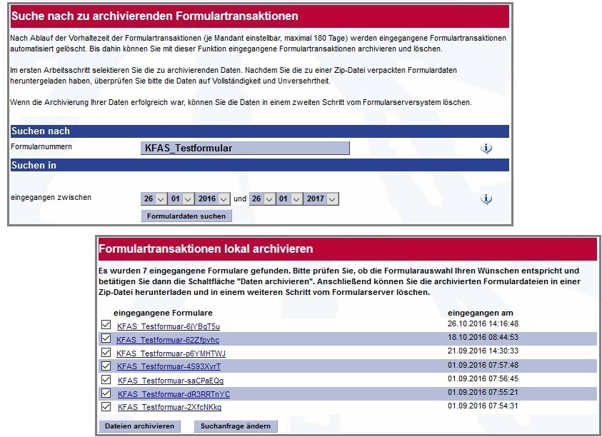 Ansicht der Eingabemaske, in der die Transaktionen archiviert werden können