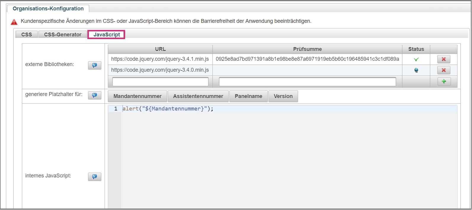 Ansicht des JavaScript Bereichs