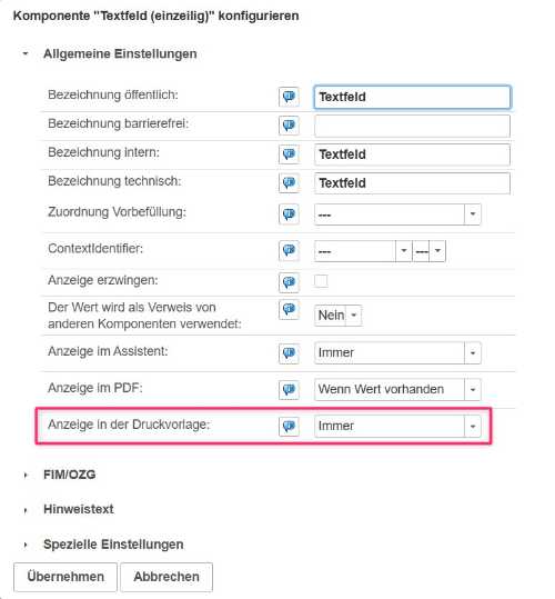 Einstellung in den Komponenten