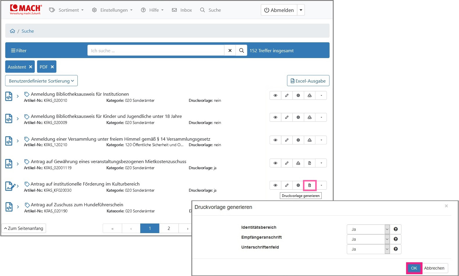 Trefferliste mit der Schaltfläche „NAME DER SCHALTFLÄCHE“