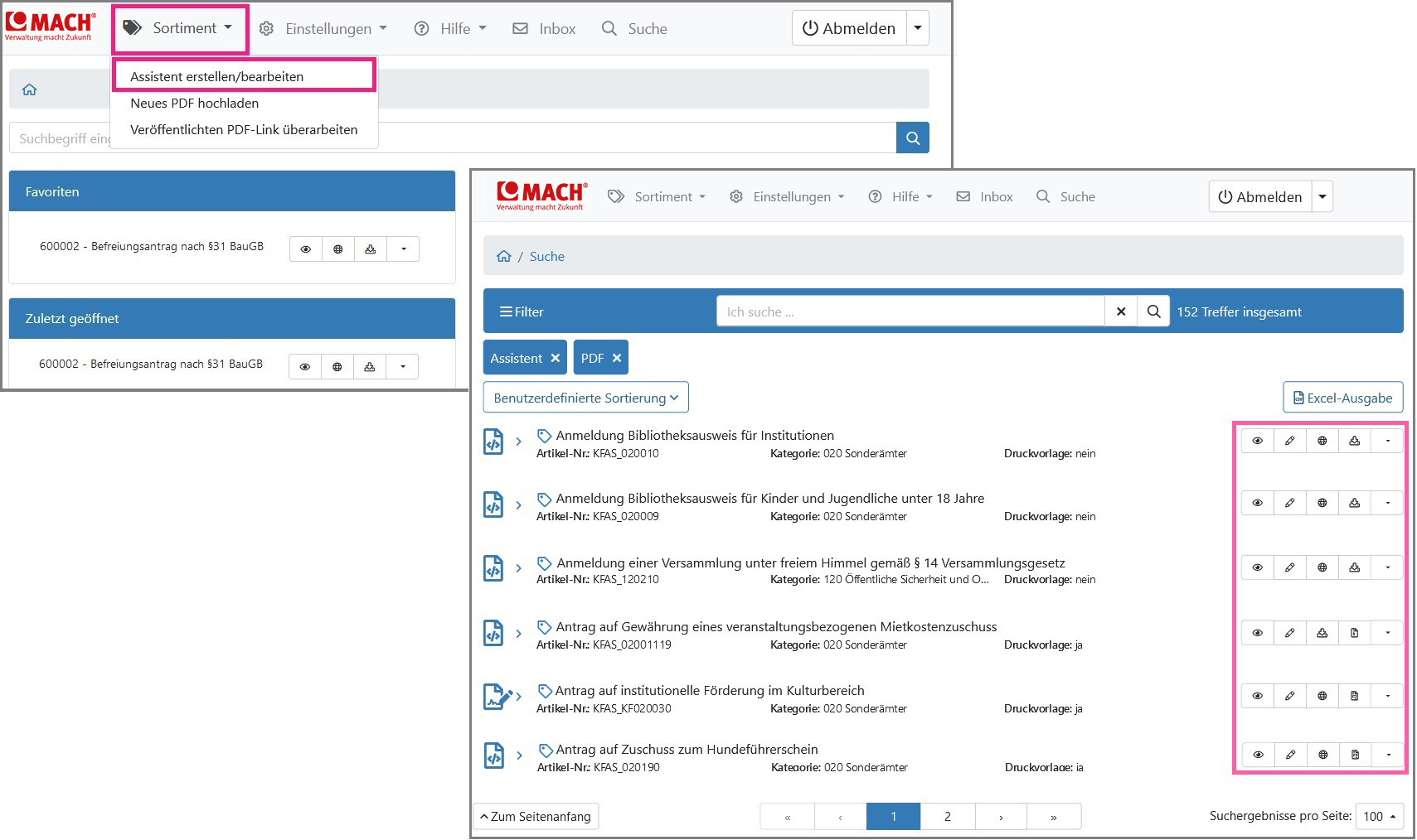 Ansicht der Hauptnavigationsleiste mit der Rubrik Sortiment