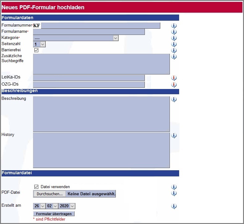 Ansicht der Eingabemaske um PDF-Formulare hochzuladen