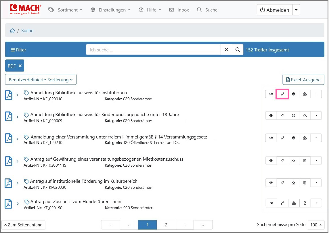 Ansicht der Trefferliste, in der sich die Schaltfläche zum Aktualisieren des PDF-Formulars befindet