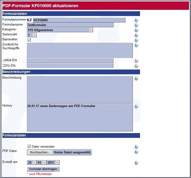 Ansicht Eingabemaske um das PDF-Formular zu aktualisieren