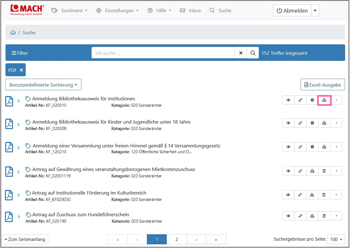 Ansicht der Trefferliste in der sich die Schaltfläche „Inhaltsdaten exportieren“ befindet