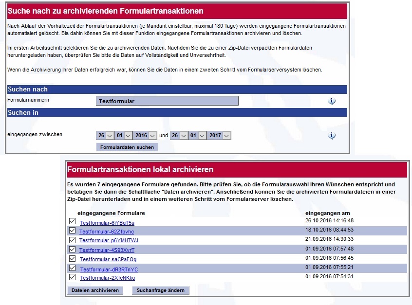 Ansicht der Eingabemaske, in der die Formulartransaktionen archiviert werden können