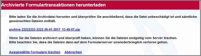 Ansicht der Eingabemaske, in der die Formulartransaktionen heruntergeladen werden können