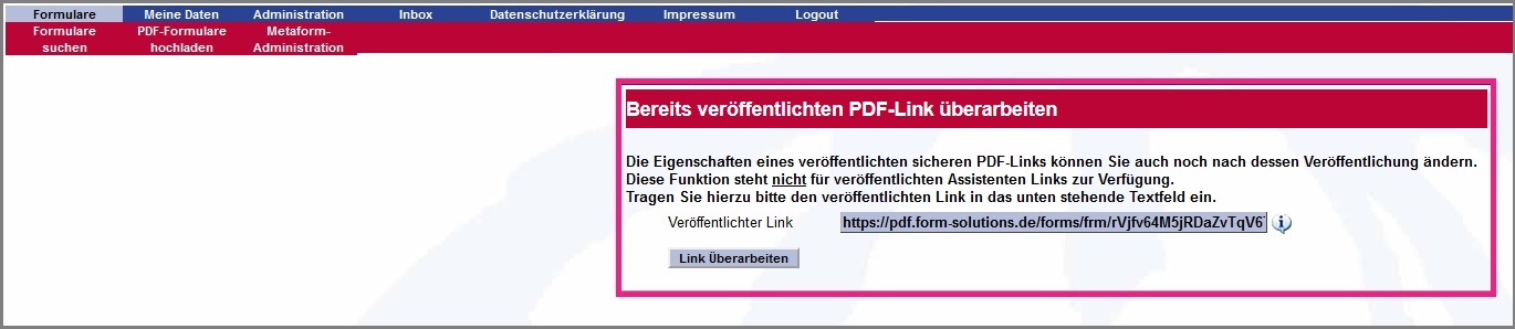 Ansicht der Eingabemaske „Veröffentlichten Link überarbeiten“