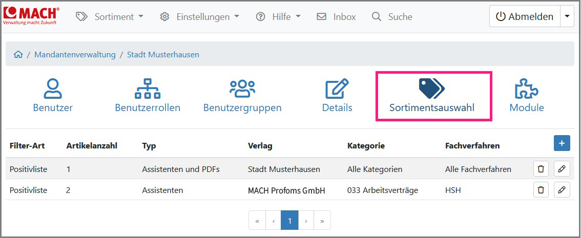 Ansicht der Rubrik Sortimentseinschränkung