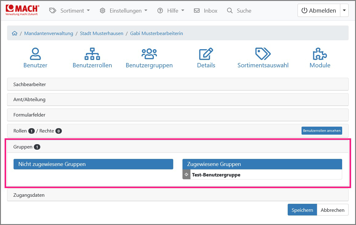 Eingabemaske in der dem Benutzer die Benutzergruppe zugewiesen werden kann