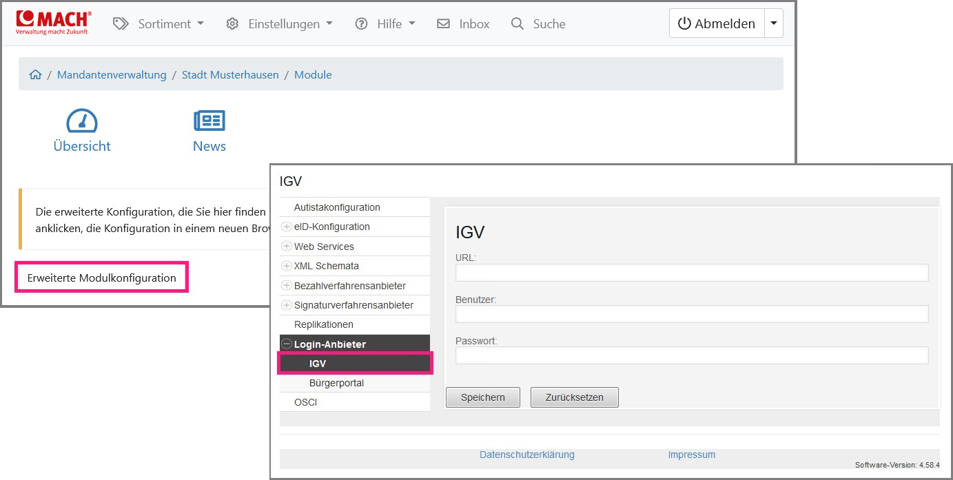 Eingabemaske der Konfigurationsdaten zur Login-Anforderung KommunalRegie