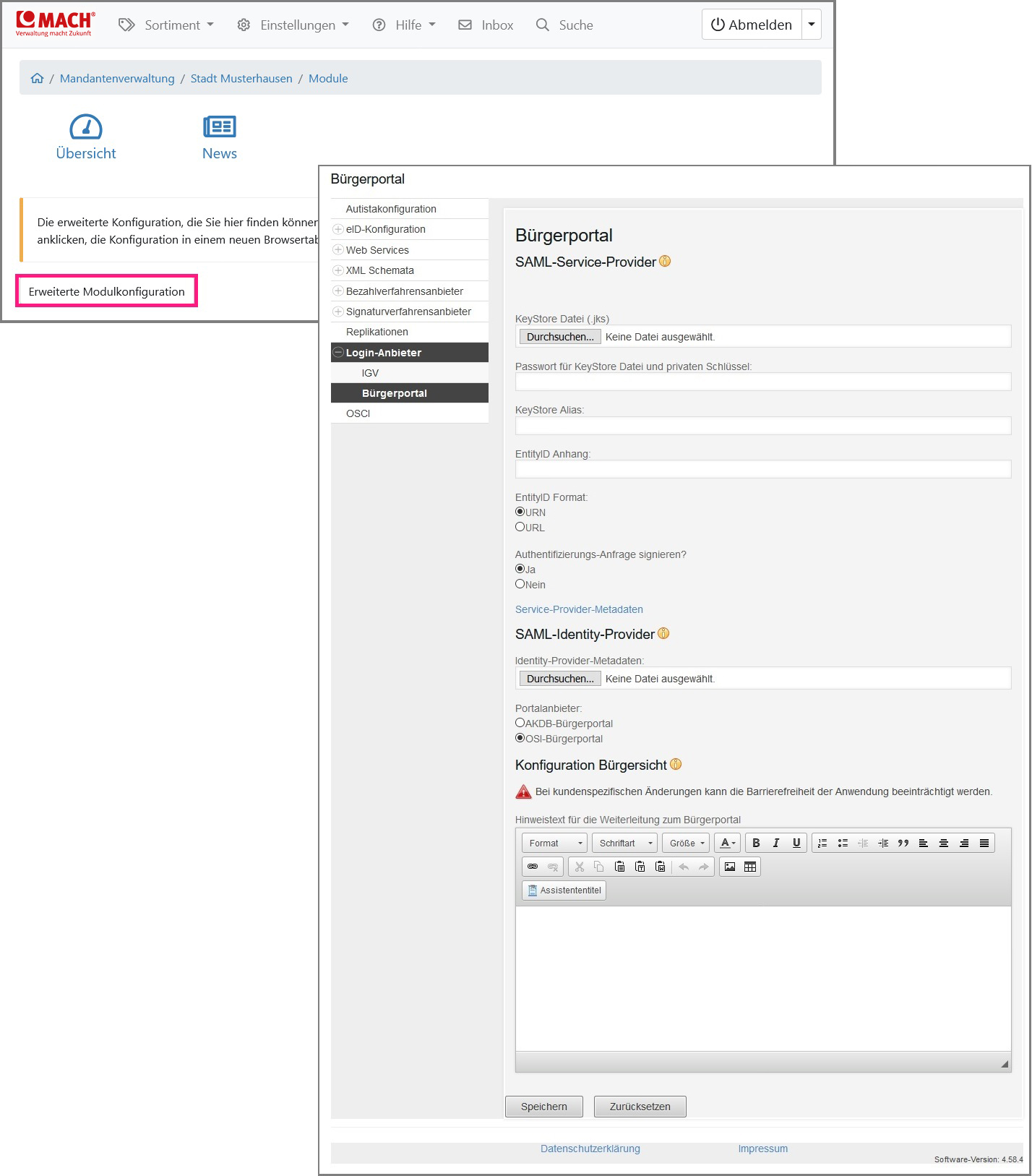 Eingabemaske der Konfigurationsdaten zur Login-Anforderung Bürgerportal