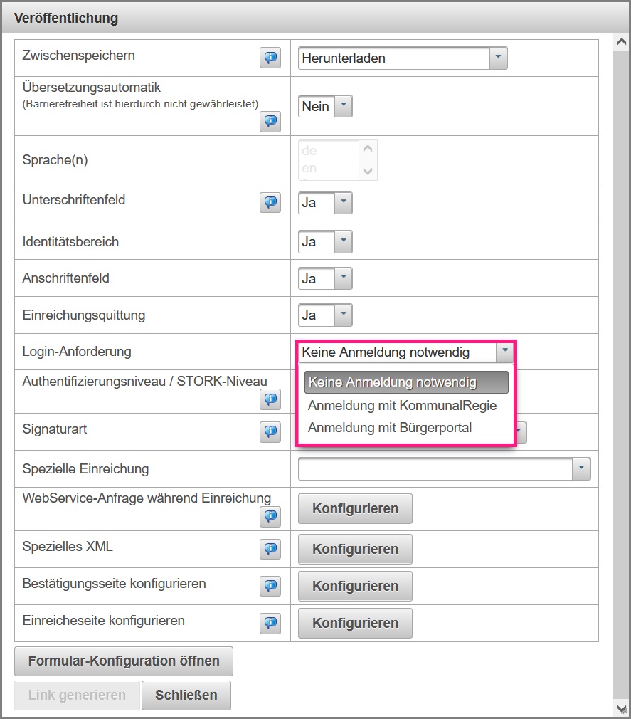 Ansicht in der Veröffentlichungsmaske in der die Login-Anforderung ausgewählt werden kann