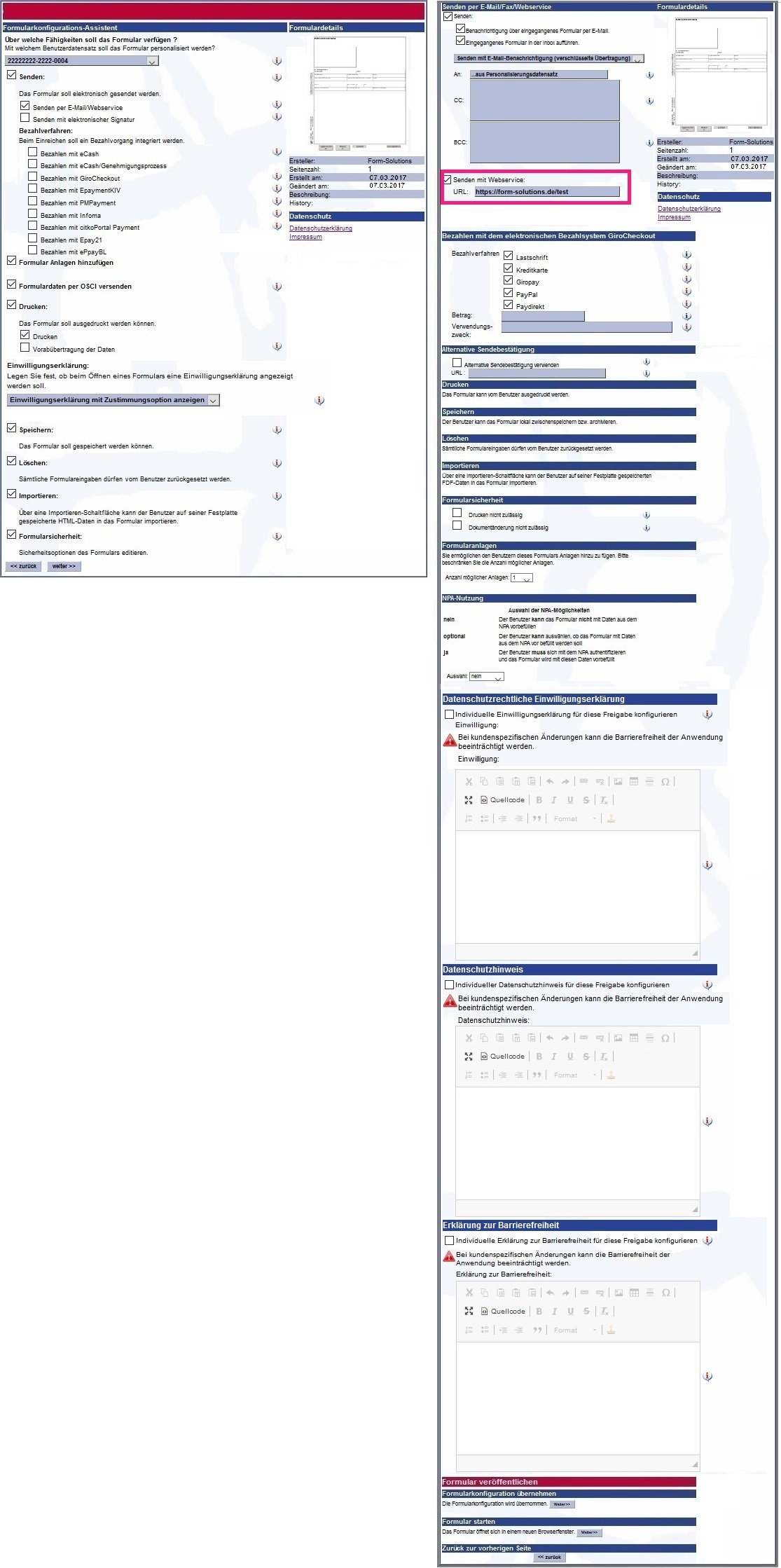 Webservice Einstellung in der Veröffentlichung