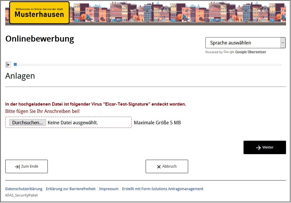 Fehlermeldung beim Upload einer Datei mit Schadsoftware